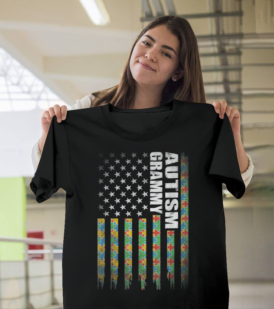 Autism Grammy American Flag Puzzle Pieces Awareness USA T-Shirt