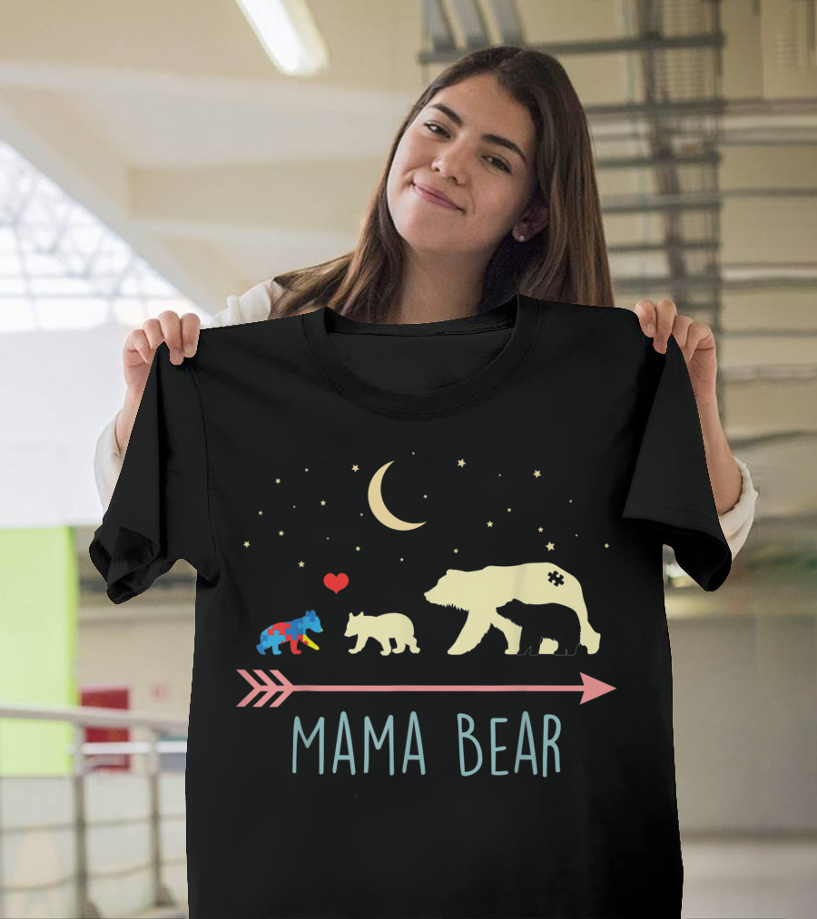 Mama Bear With Autism Awareness Puzzle Cub and Two Cubs Moon Arrow and Stars T-Shirt
