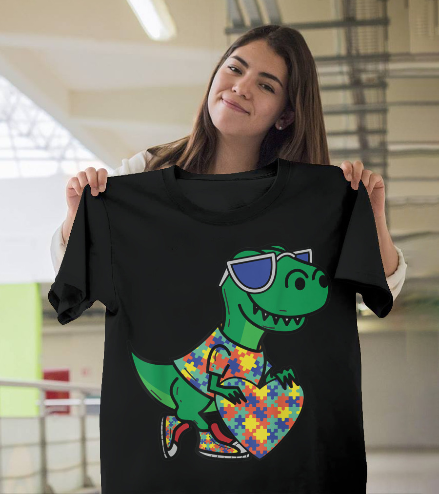 Autism Awareness Month Dinosaur Wearing Puzzle Piece with Heart Dino T-Shirt