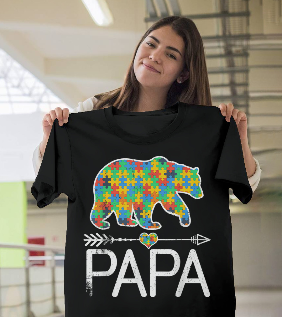 Papa Bear Puzzle Heart Autism Awareness Support Autistic T-Shirt