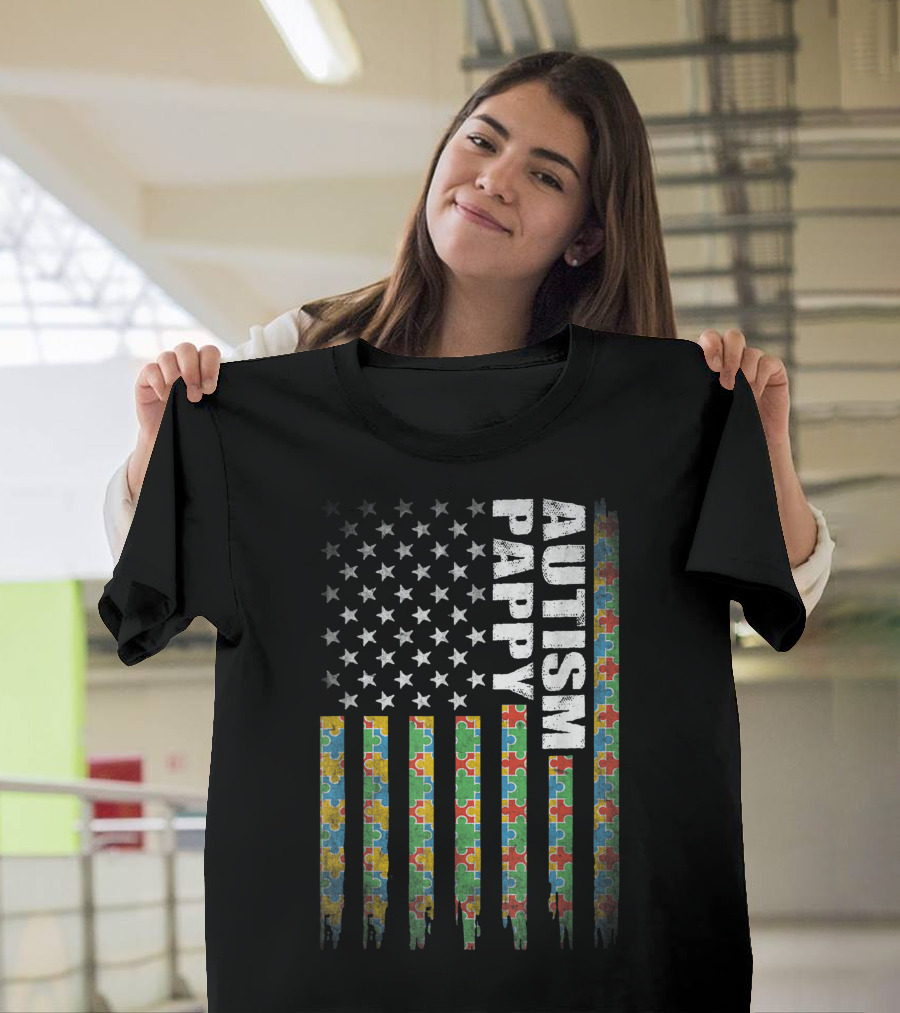 Autism Pappy American Flag Puzzle Awareness T-Shirt