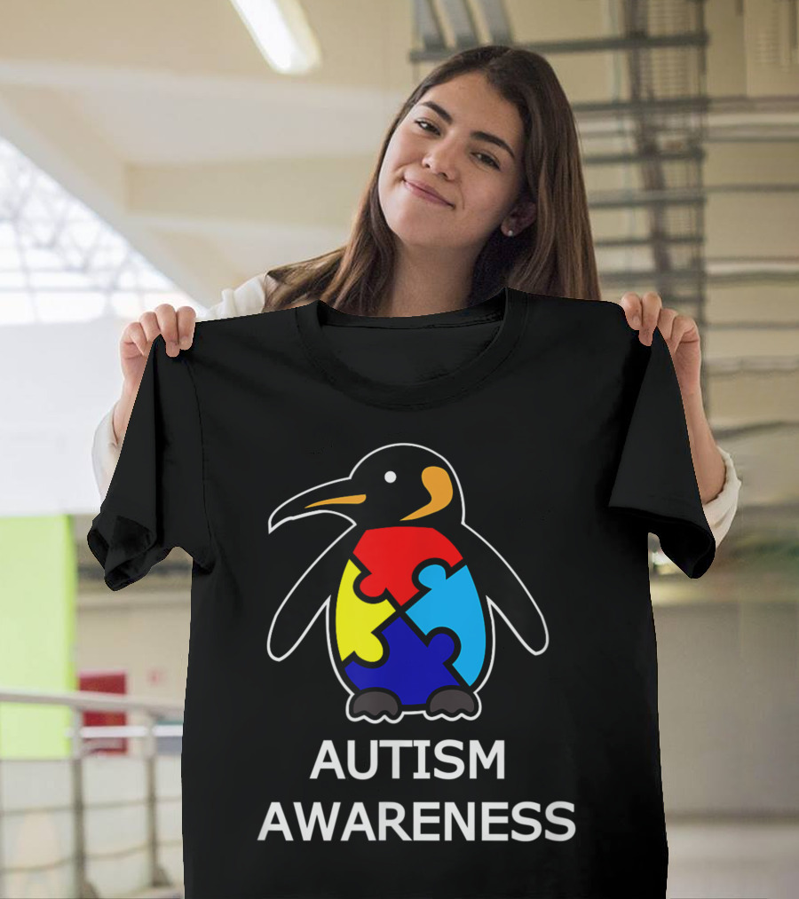 Autism Awareness Penguin with Colorful Puzzle Piece T-Shirt