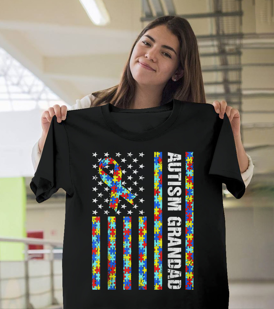 Proud Autism Grandad Autism Awareness USA Flag Puzzle T-Shirt