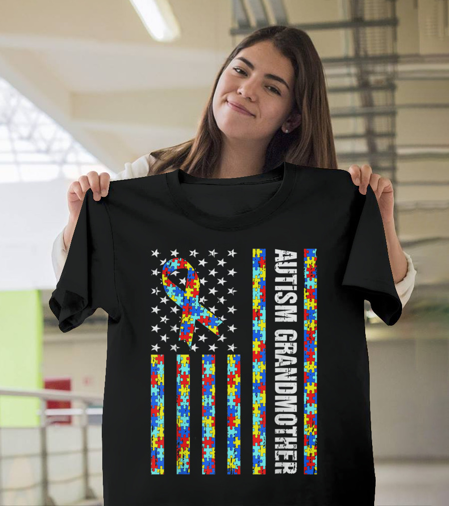 USA Flag Autism Grandmother Awareness Puzzle T-Shirt