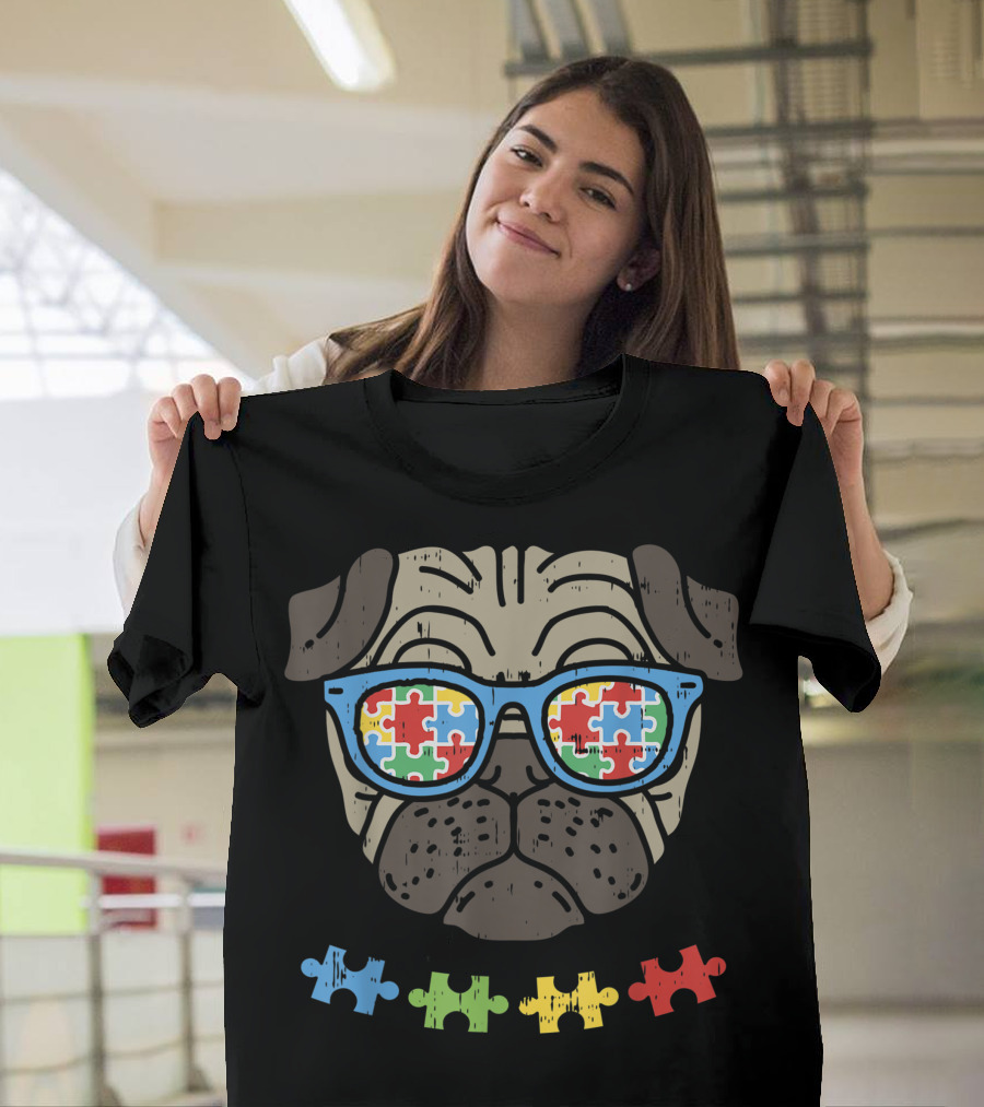 Autism Awareness Pug with Puzzle Sunglasses and Puzzle Pieces T-Shirt