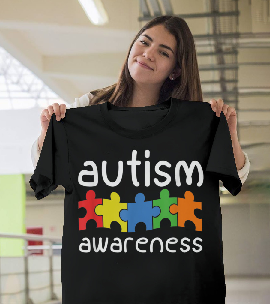 Autism Awareness Red Yellow Blue Green Orange Puzzle Pieces T-Shirt