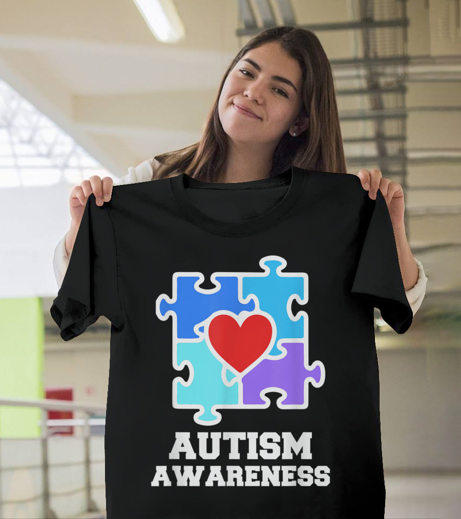 Autism Awareness Puzzle Heart Icon with Red Heart Center T-Shirt
