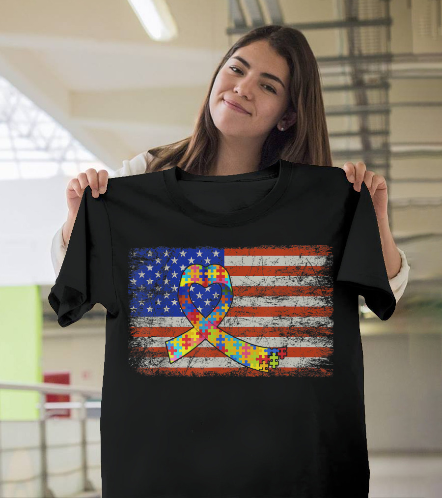 USA Flag with Heart-Shaped Autism Awareness Puzzle Piece Ribbon Support T-Shirt