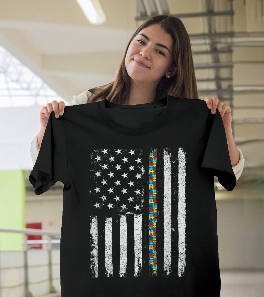 American Flag Puzzle Piece Autism Awareness T-Shirt