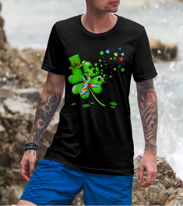 Autism Awareness Shamrock Leprechaun Hat Puzzle T-Shirt