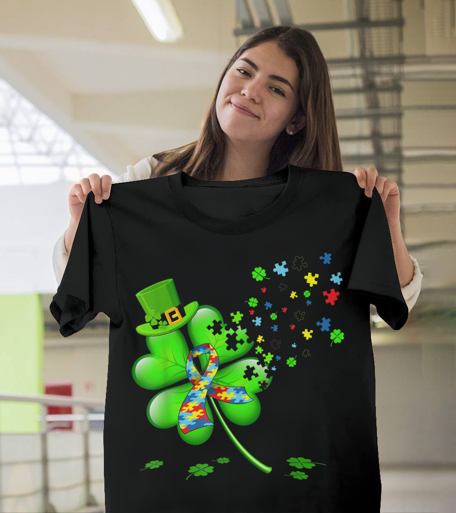 Autism Awareness Shamrock Leprechaun Hat Puzzle T-Shirt