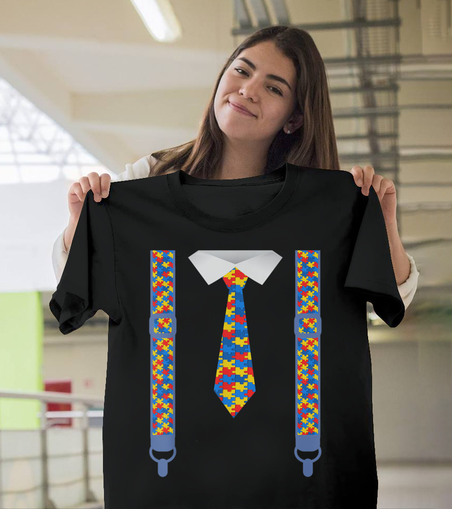 Autism Awareness Puzzle Piece Tie and Suspenders T-Shirt