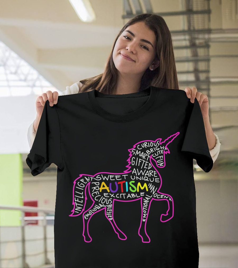 Autism Word Cloud Unicorn with Intelligent Gifted Unique Emotional Traits T-Shirt
