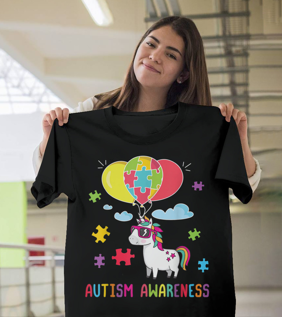 Autism Awareness Unicorn with Puzzle Piece Balloons and Rainbow Mane T-Shirt