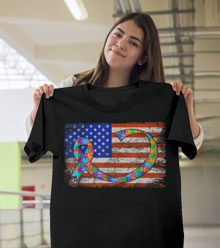 American Flag with Autism Awareness Puzzle T-Shirt