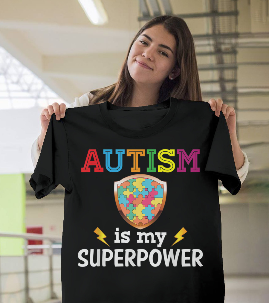 Autism Is My Superpower Rainbow Puzzle Shield Lightning T-Shirt