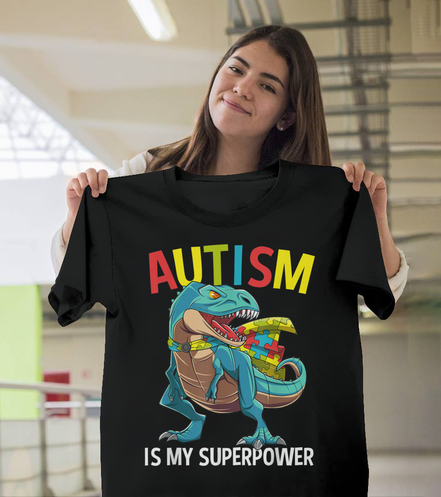 Autism Is My Superpower Dinosaur with Colorful Puzzle Piece T-Shirt