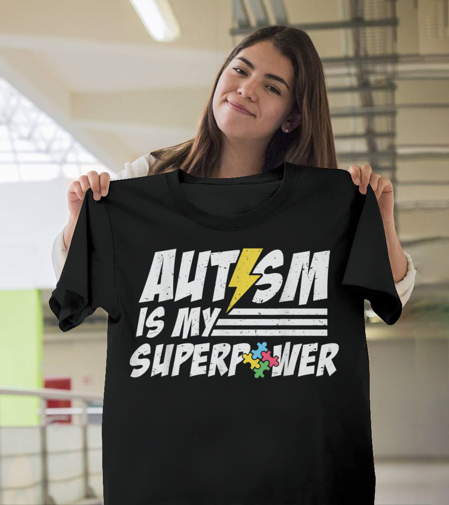 Autism Is My Superpower Puzzle Piece Lightning Bolt Kid Child T-Shirt