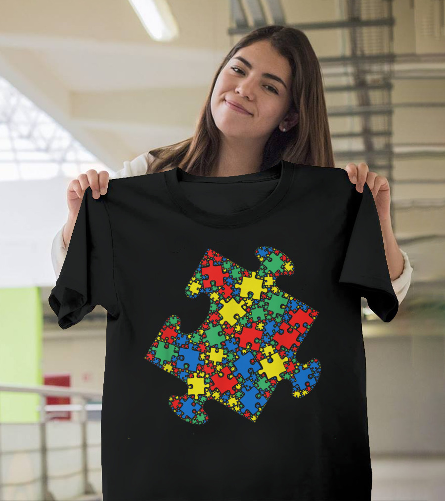 Autism Awareness Colorful Puzzle Pieces Pattern for Men and Kids T-Shirt