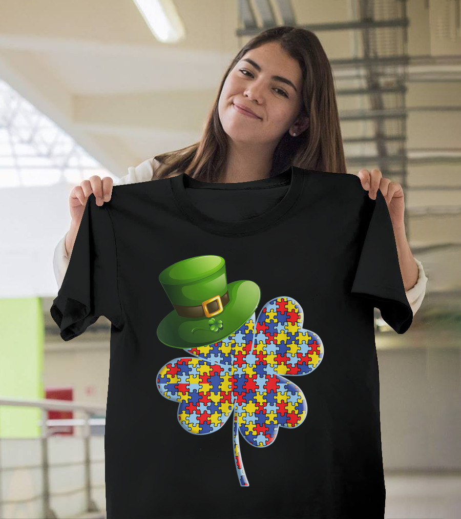 Autism Puzzle Piece Clover Leprechaun Hat St Patricks Day T-Shirt