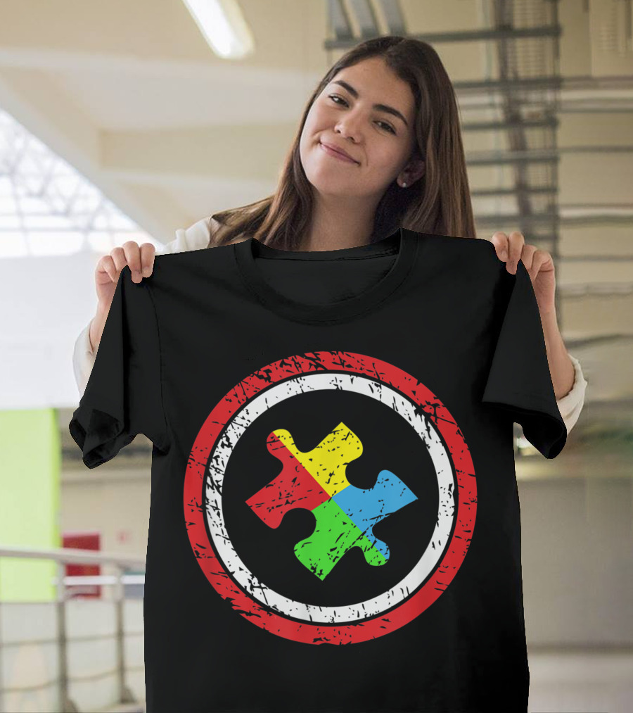 Autism Superhero Puzzle Emblem in Multicolor Shield T-Shirt