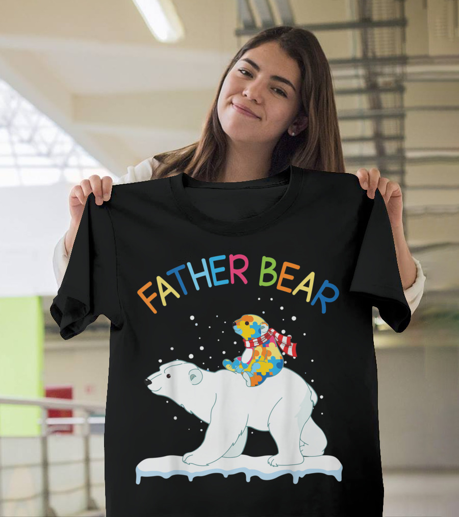 Father Bear Autistic Awareness Puzzle Pattern Cubs Walking Together T-Shirt