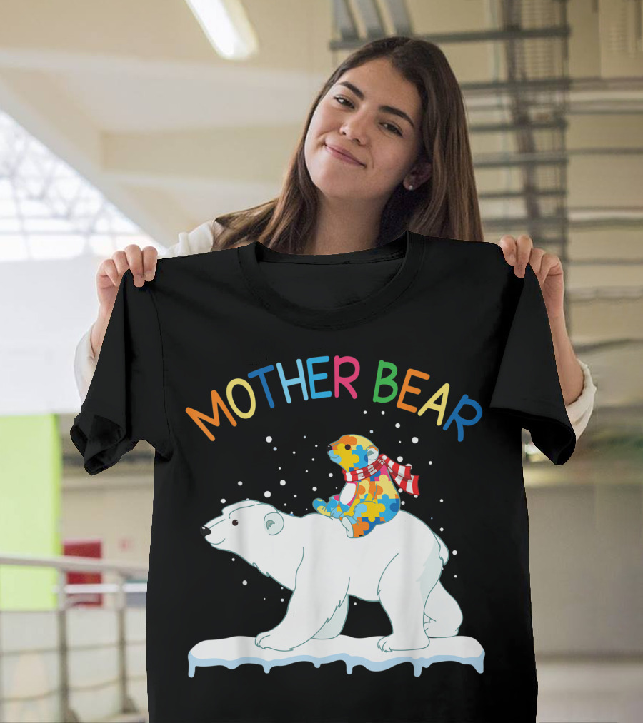 Mother Bear with Colorful Puzzle Piece Cub for Autism Awareness T-Shirt