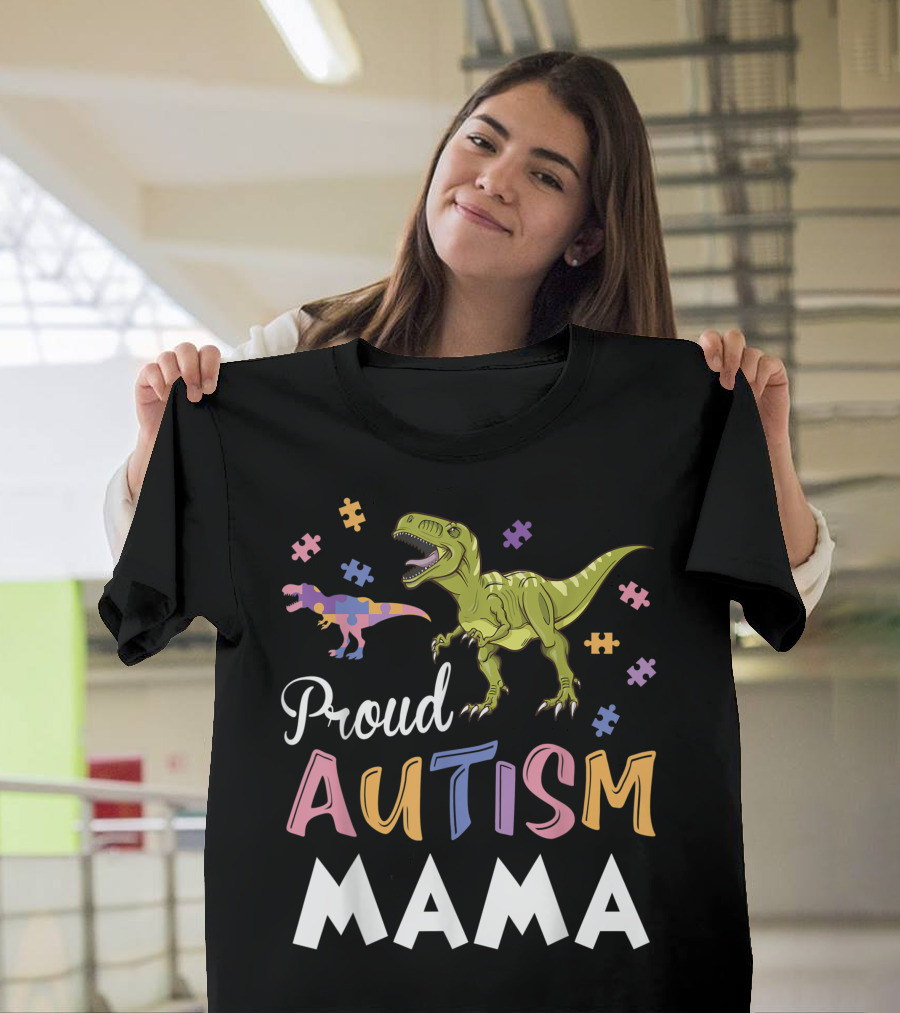 Proud Autism Mama Dinosaurs with Puzzle Pieces T-Shirt