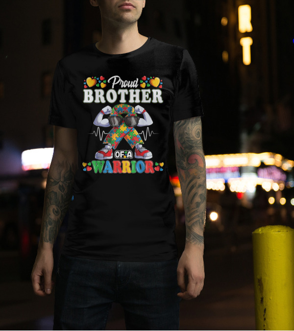 Proud Brother Of A Warrior Autistic Ribbon Puzzle Heartbeat T-Shirt