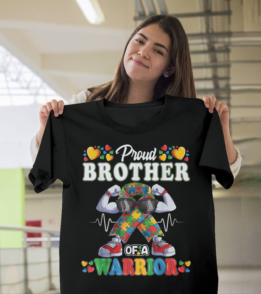 Proud Brother of a Warrior Autistic Ribbon Puzzle Heartbeat T-Shirt