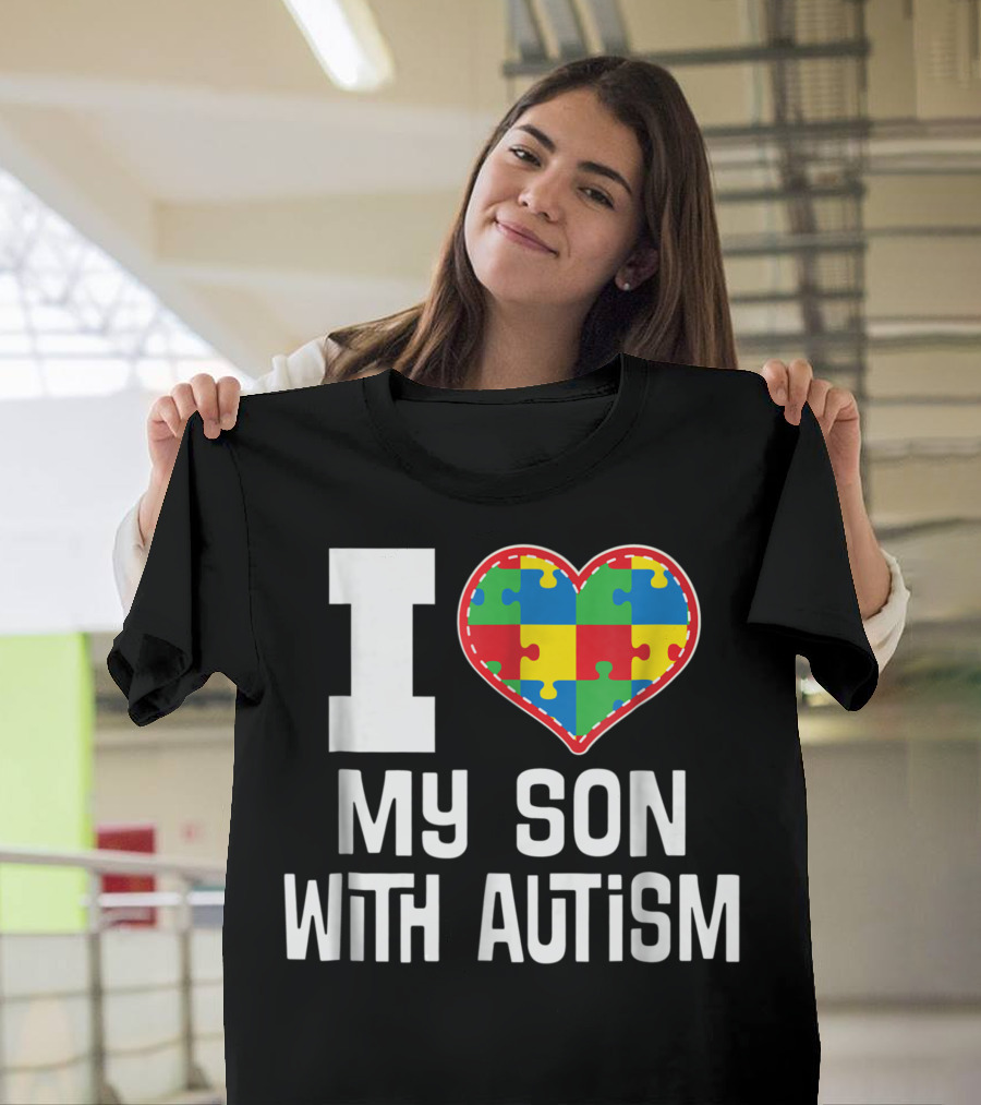 I Love My Son With Autism Puzzle Heart Autistic Spectrum T-Shirt