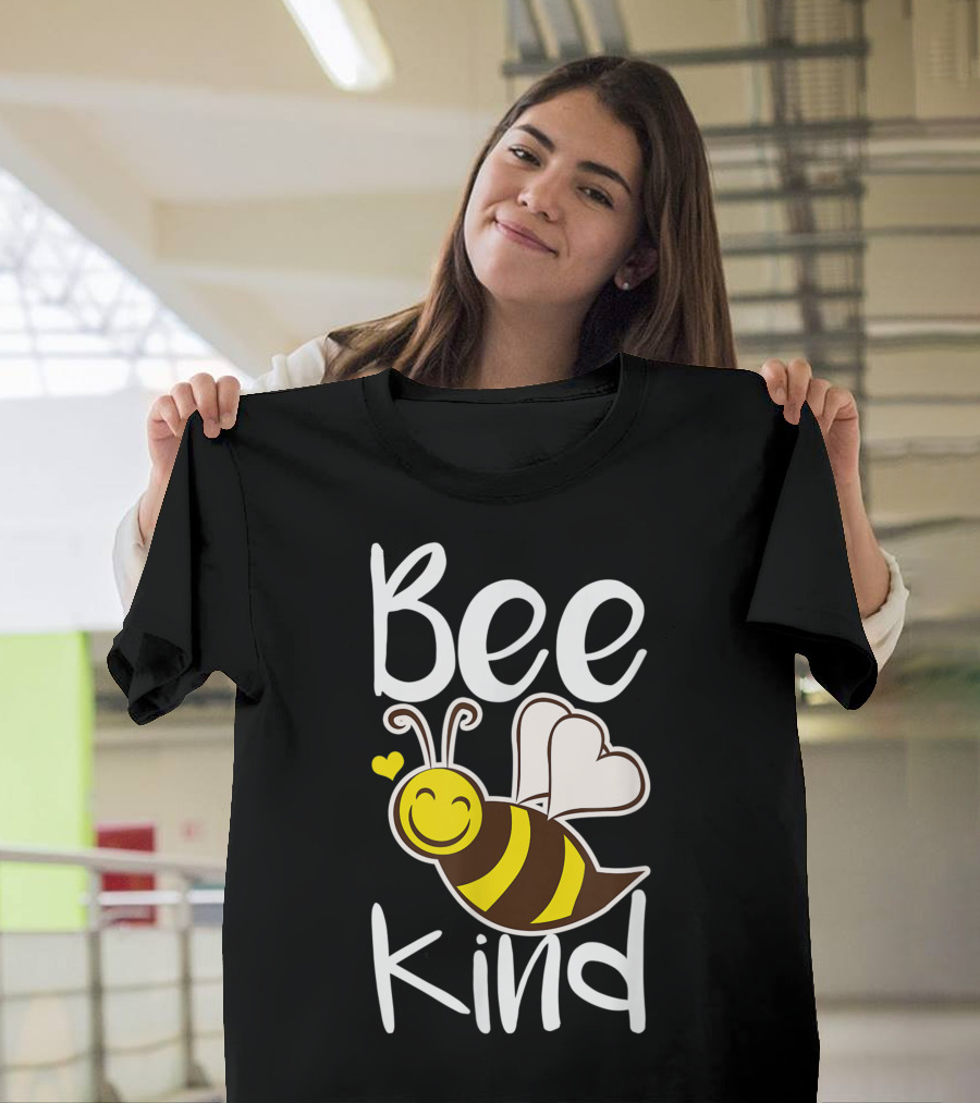 Bee Kind Happy Bumblebee Women Apparel with Smiling Bee and Heart Wings T-Shirt