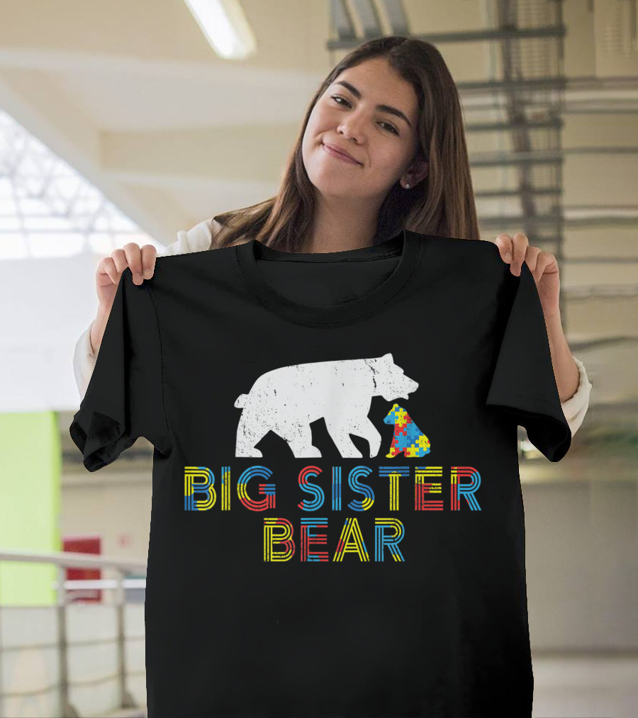 Big Sister Bear Autism Awareness Puzzle Piece T-Shirt