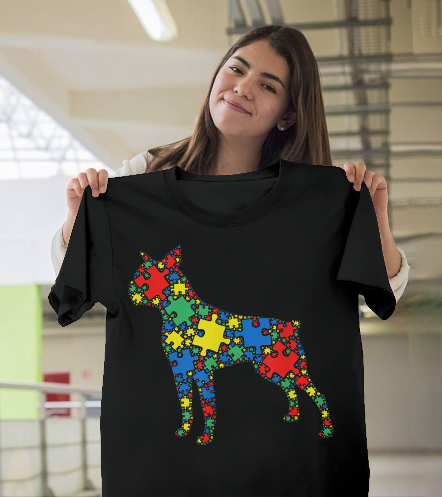 Boston Terrier Autism Puzzle Women Men Awareness T-Shirt