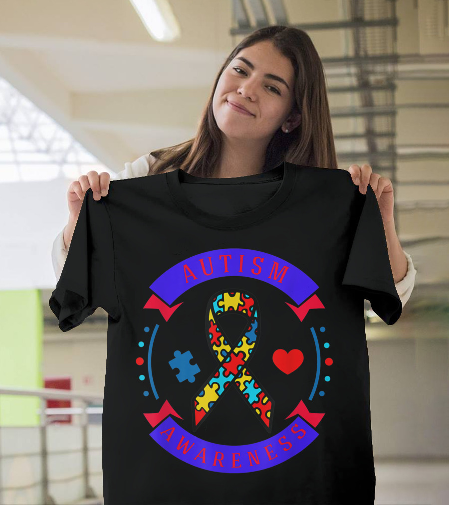 Bright Colorful Autism Awareness Ribbon with Puzzle Piece and Heart T-Shirt