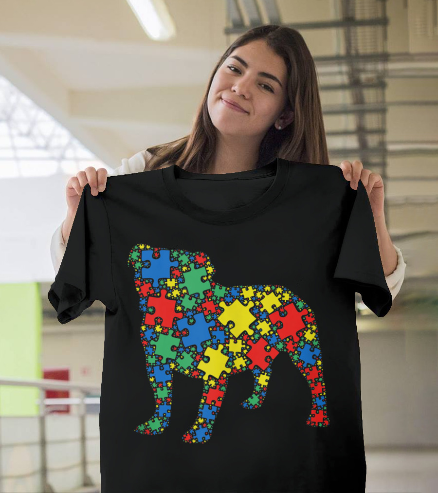 Bulldog Autism Puzzle Pattern for Men Kids Autism Awareness T-Shirt