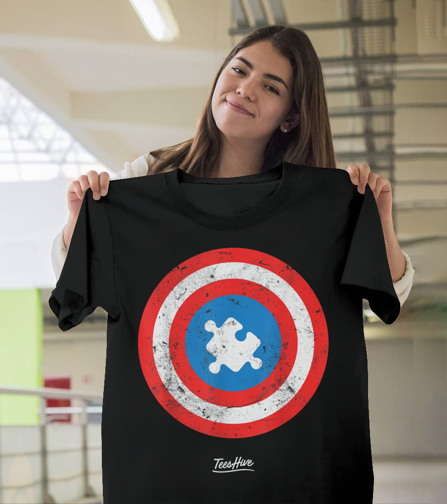 Capain Auism Puzzle Piece Cool Auism Superhero Shield TeesHive T-Shirt