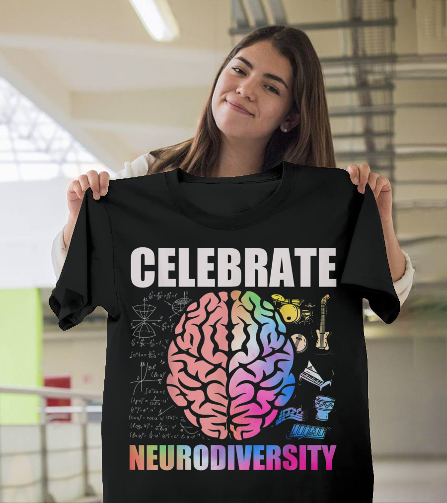 Celebrate Neurodiversity ADHD Brain Autism Support Rainbow Brain Music Math Instruments T-Shirt
