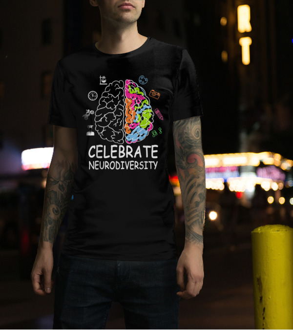 Celebrate Neurodiversity Brain Dyslexia ADHD Autism ASD Clock Graduation Heart Camera Pencil Music Motorcycle T-Shirt