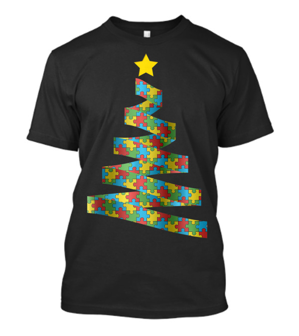 Christmas Autism Awareness Puzzle Ribbon Tree T-Shirt