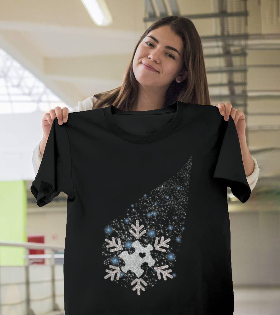 Christmas Tree Leaf Glitter Puzzle Snow Autism Awareness Xmas T-Shirt