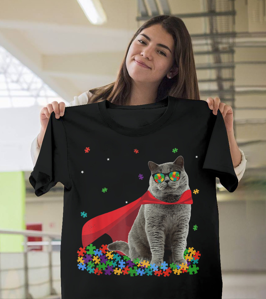 British Shorthair Autism Awareness Cat Lover with Puzzle Pieces and Cape T-Shirt