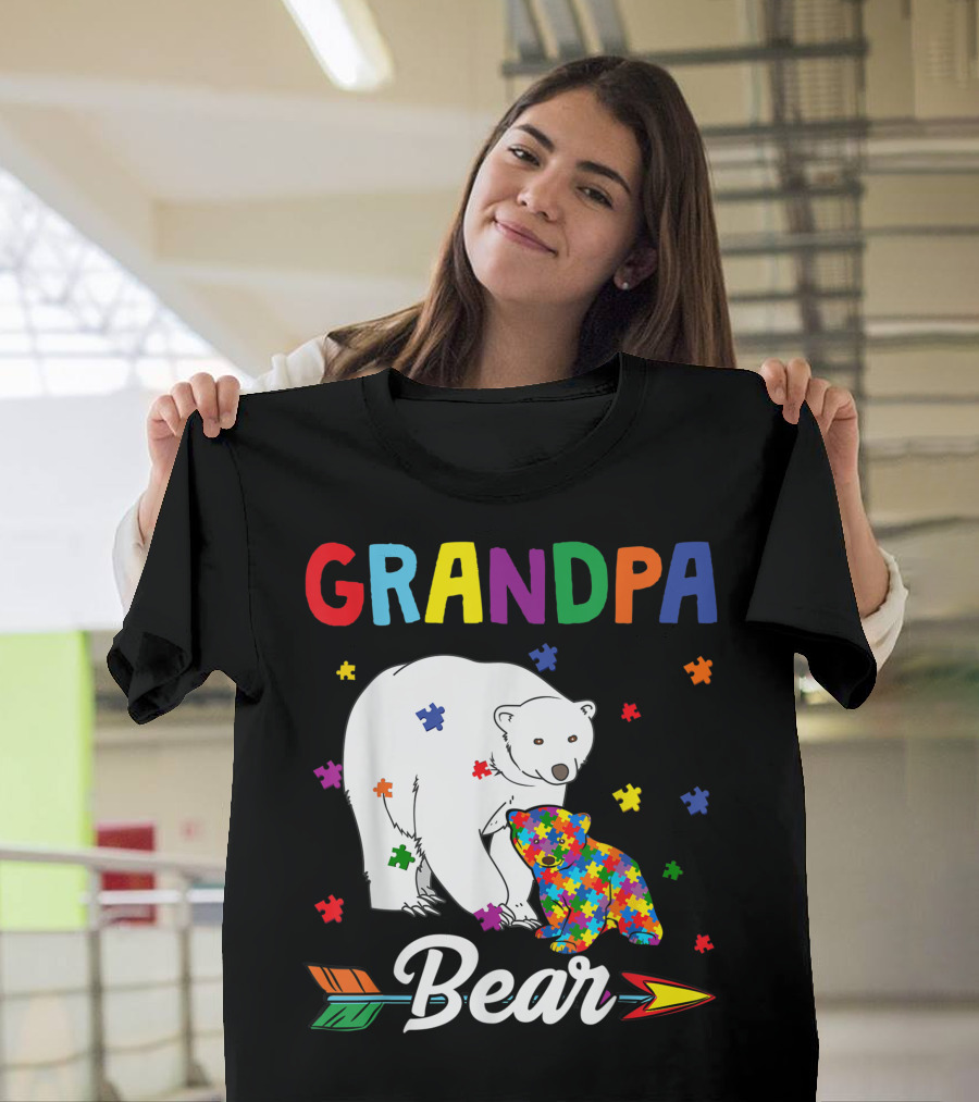 Grandpa Bear Autism Awareness Month Colorful Puzzle Pieces Family T-Shirt