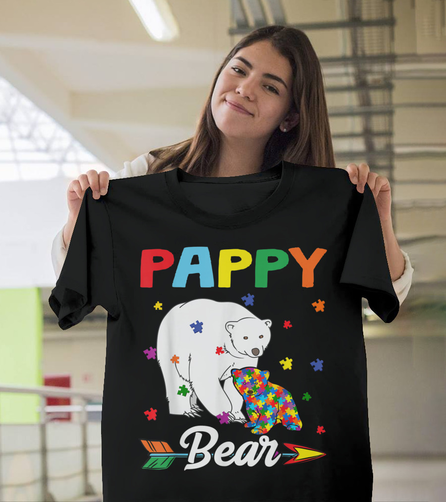 Pappy Bear Autism Awareness Month Family Colorful Puzzle Pieces T-Shirt