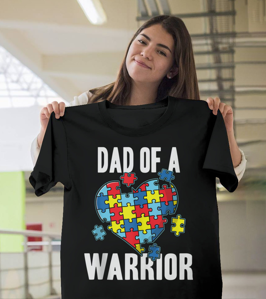 Dad Of A Warrior Heart Puzzle Autism Awareness T-Shirt
