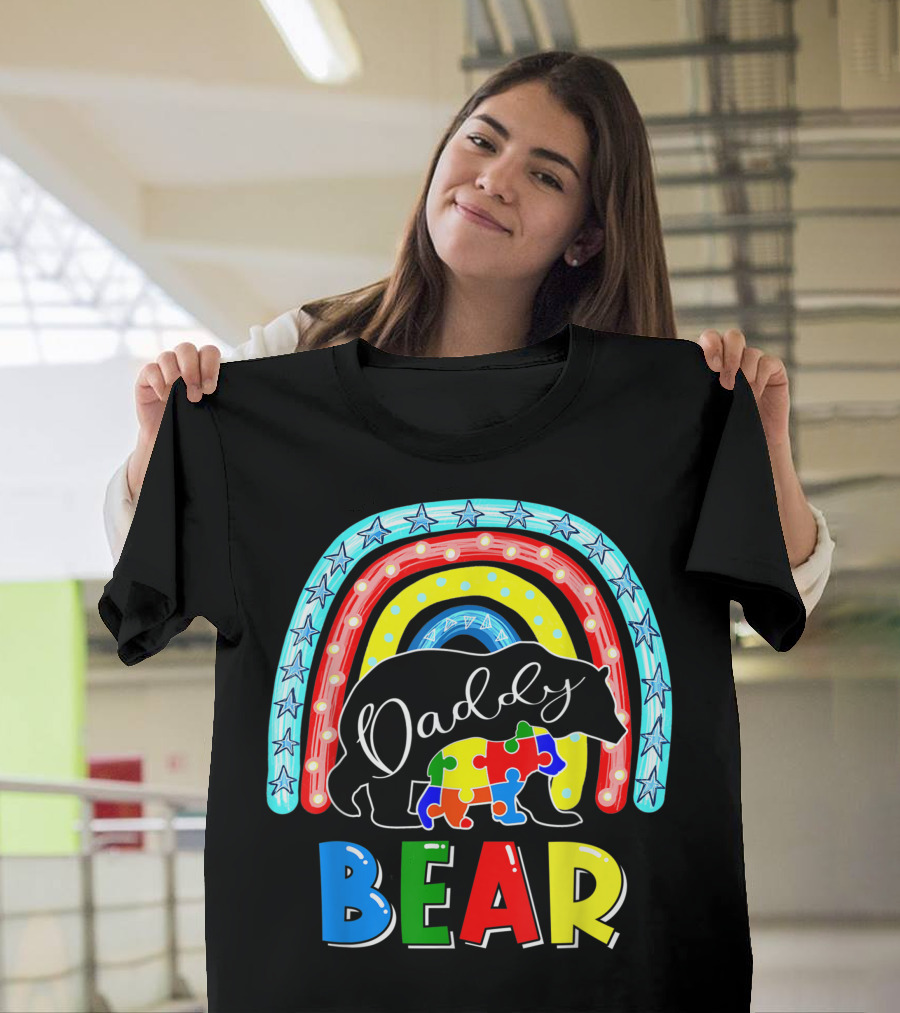 Daddy Bear Autism Awareness Rainbow Puzzle Piece Support Autistic T-Shirt
