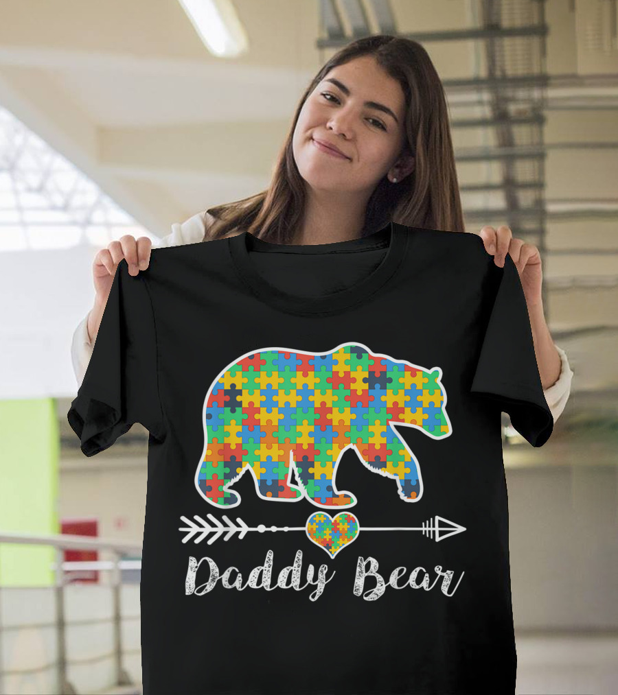 Daddy Bear Autism Awareness Support Autistic Puzzle Piece Multicolor Heart Arrow T-Shirt