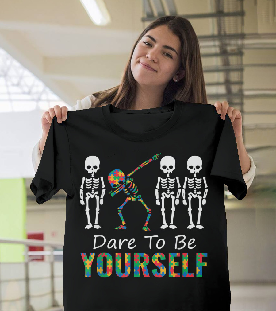 Dare To Be Yourself Skeleton Dabbing Kids Autism Awareness Puzzle T-Shirt