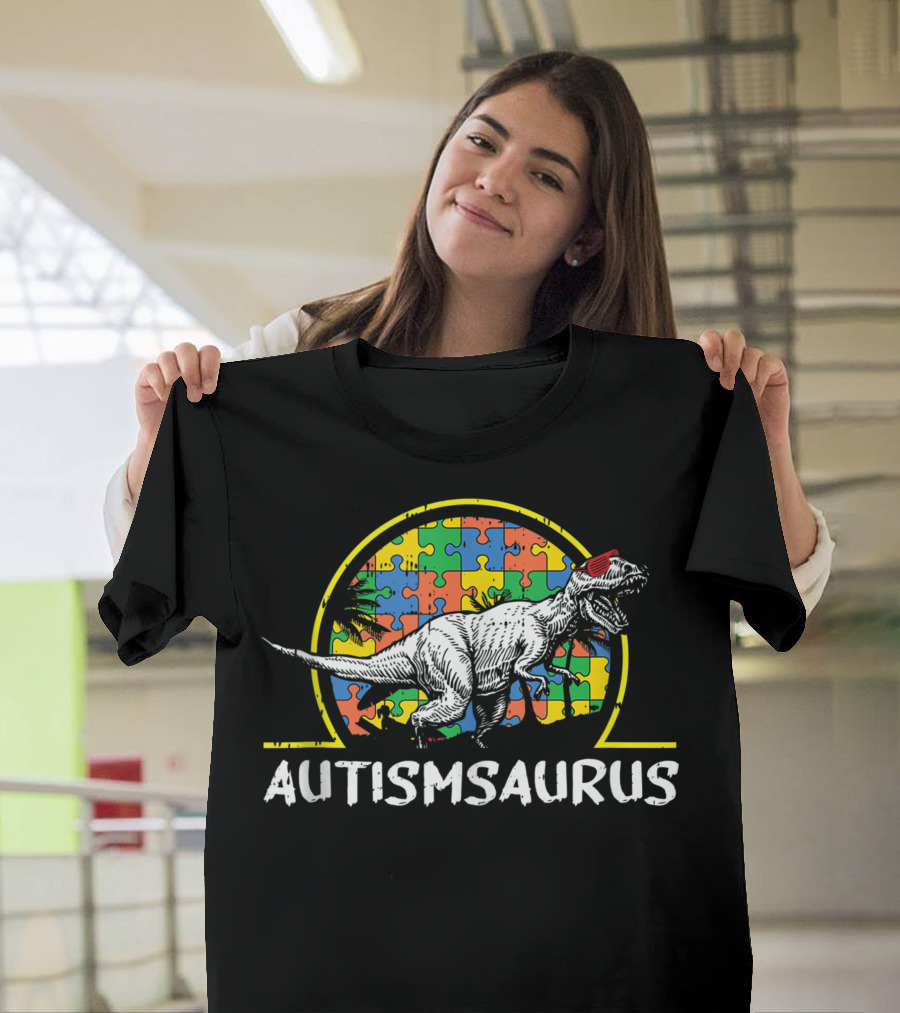 Dino Saur Autism Awareness Cute Rex Autismsaurus Puzzle Background T-Shirt