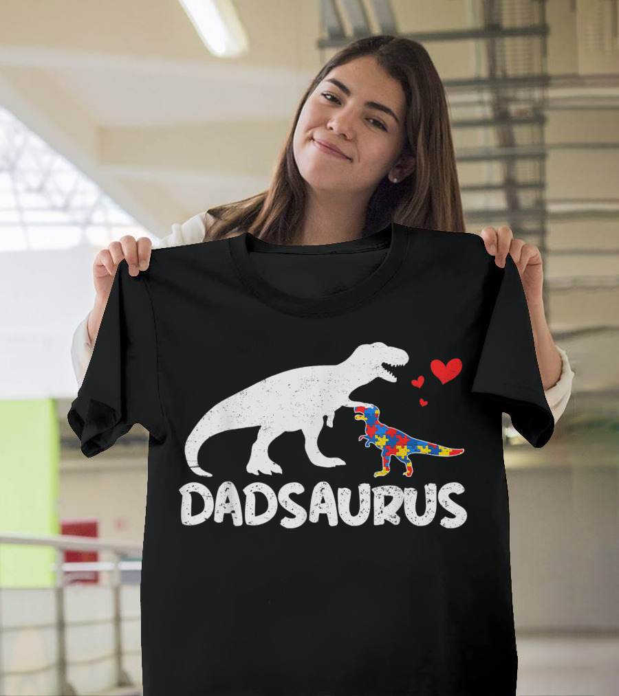Dadsaurus Dinosaur Autism Dad Autistic Awareness Puzzle Heart T-Shirt